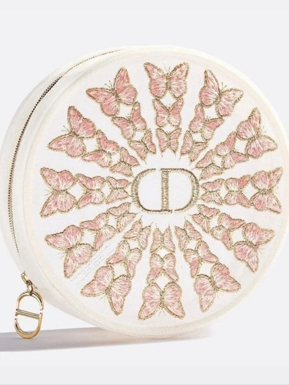 Dior Pink & Gold Butterfly Round Beauty Pouch NWOT